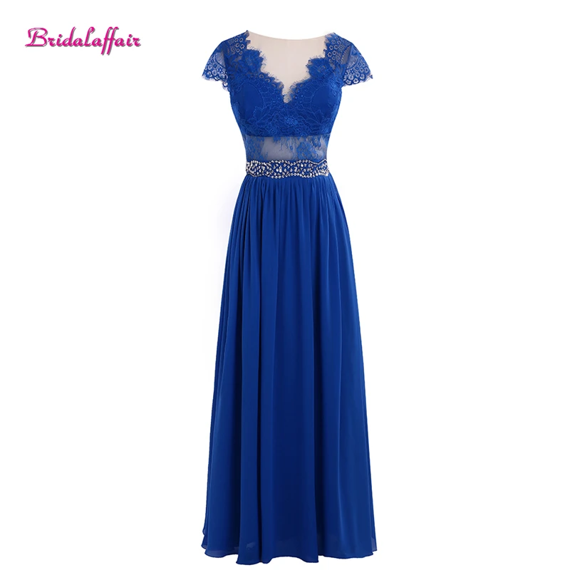 

Real Photo Blue Chiffon Appliques V Neck Evening Dresses 2017 with Crystal Sashes Custom made Backless Short Sleeve Prom Gown