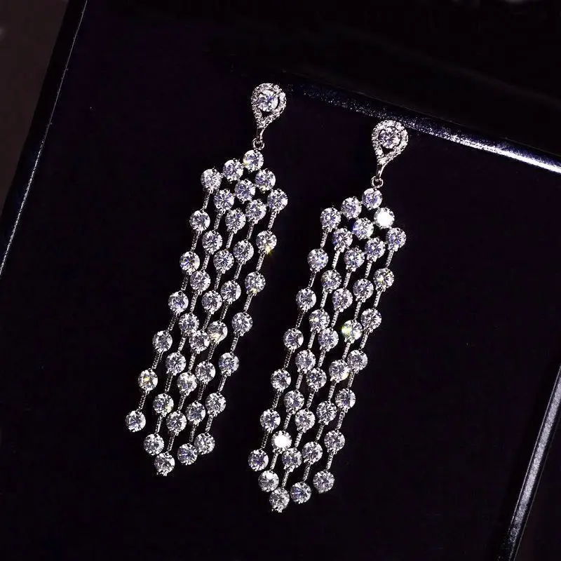 

Shining Super Long Water Drop Earrings Multi row Spindling Round Cubic Zircon Stone Dangle Earrings Bride Women Wedding Jewelry