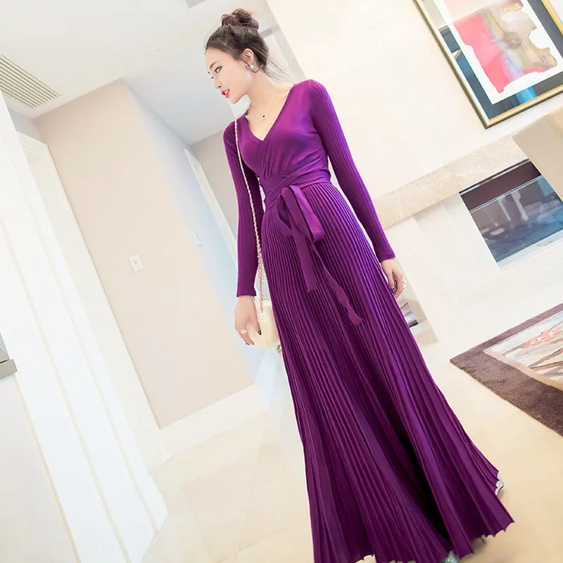 womens dresses new arrival 2018 black  burgundy  purple knitted dress sexy deep v neck tie belt long sleeve pleated maxi dress