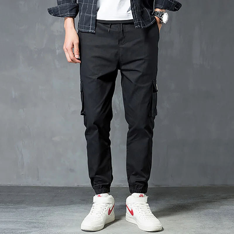 Hip hop overalls cotton band foot no elastic tether mid waist multi-pocket solid color loose nine points trousers free shipping