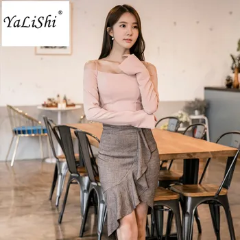 

2 Piece Set Women Suit 2018 Spring Office Pink Long Sleeve Tops Shirt Blouse and Grey Ruffles Skirts Crop Top and Skirt Vestidos