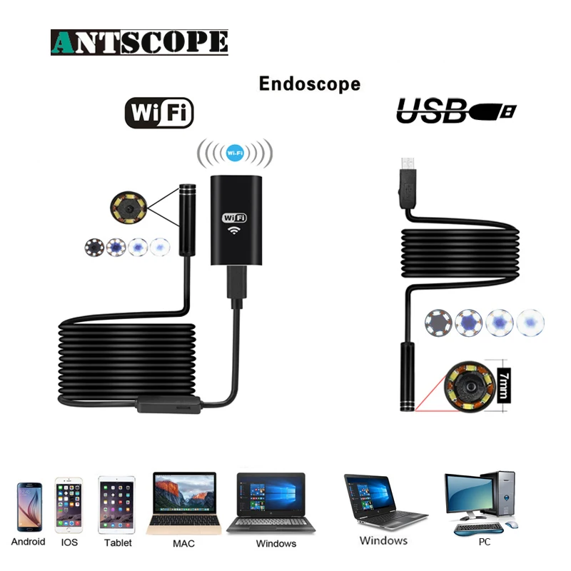 Antscope Wi-Fi эндоскопа 8 мм 2/5/7/10 M Водонепроницаемый Softwire Android 720 P HD iOS Endoscopio 7 USB Камера