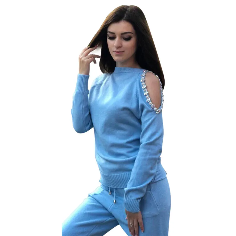  MVGIRLRU sweater suits diamond knitted suit open shoulder sleeve jumper tops and pants womens two p