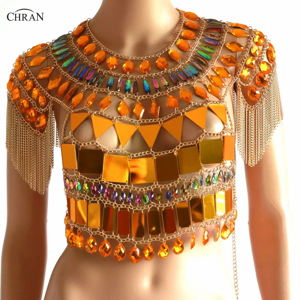 

Chran Fashion Women Beach Bikini Bra Harness Bralette Sexy Mesh Acrylic Body Chain Festival Jewelry