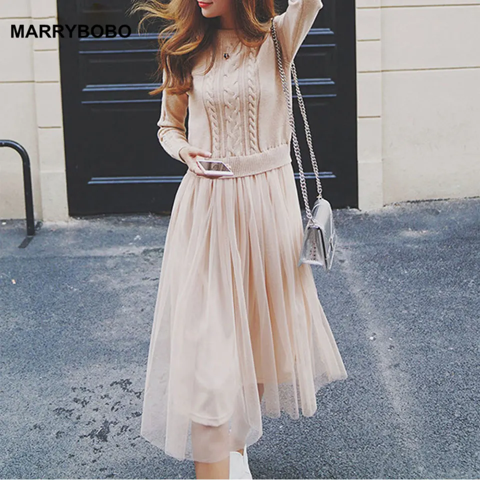 

Hot Sale Nitted Sweater Dresses 2018 Women's Elegant Dresses Long Sleeve Dresses For Women Black Beige Mesh Dress Plus Size