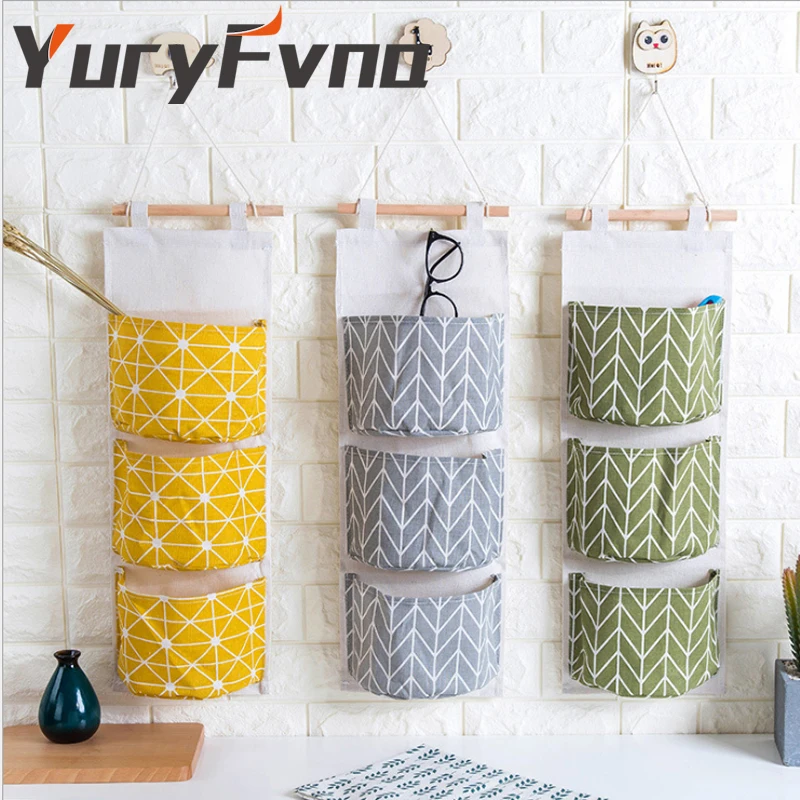 

YuryFvna Fabric Hanging Storage Bag with 3 pockets Wall Door Closet Storage Organizer Home Sundries Organizer Gadget Holder
