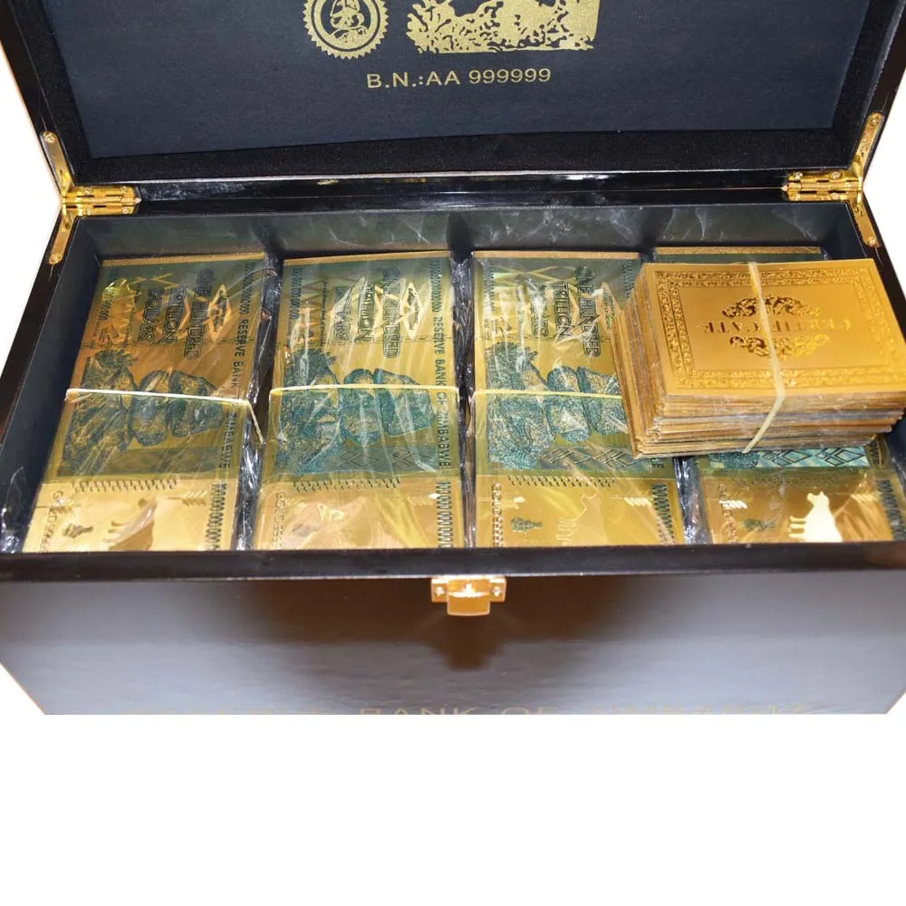 

1000pcs Zimbabwe Gold Banknote with Zimbabwe Wooden Box Home Decorative One Hundred Trillion Dollar 24k Gold Plated Money Gifts