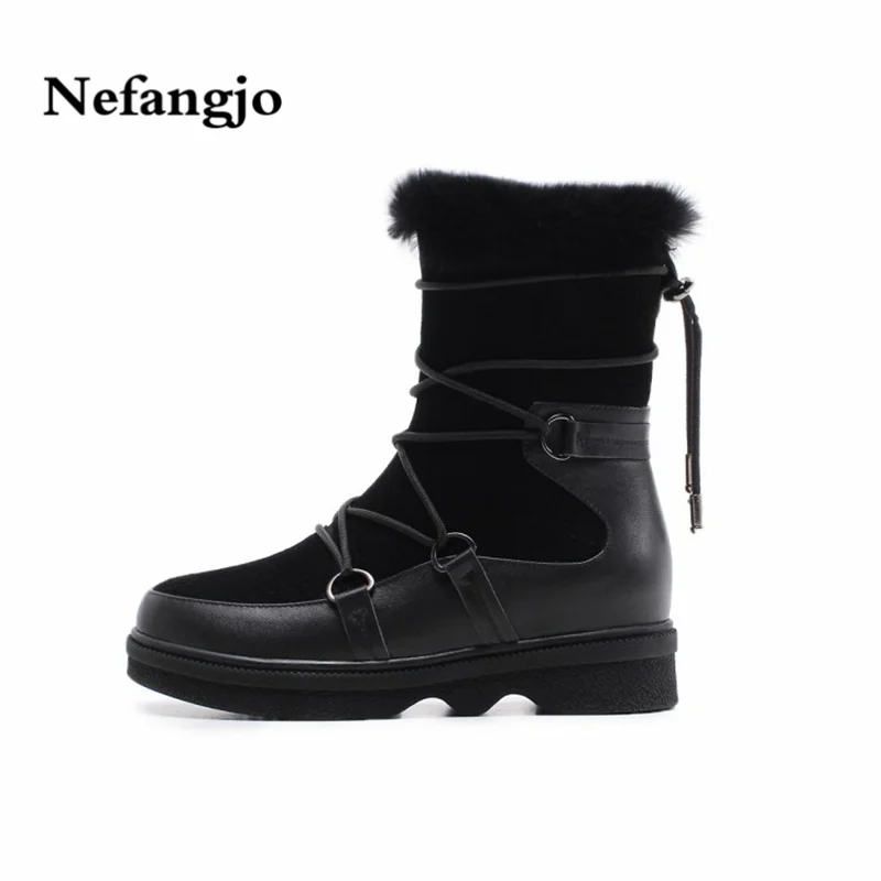 

Nefangjo 2018 Leather Cow Suede Thick Bottom Round Head Cross Lace-UP Zipper Rabbit Hair Mid-Calf Snow Boots Fashion Women Boots