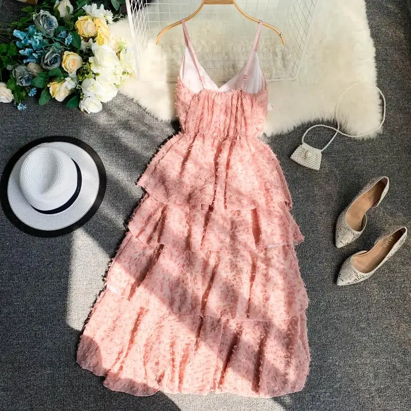 

2019 new fashion women's dresses Thailand Vacation Tassel V-neck Halter Stretch Waist Layer Cake Strap Dress