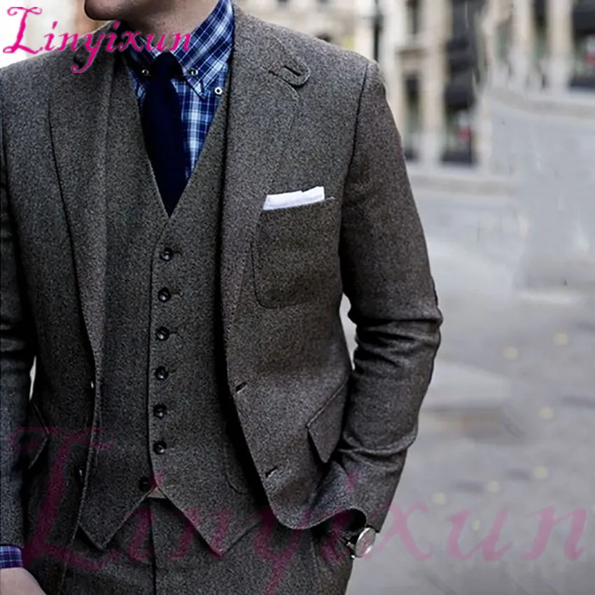 

Linyixun Latest Coat Pant Designs Grey Tweed Suits For Men Costume Homme Slim Fit Formal Business Men Suits Winter Classic Suits