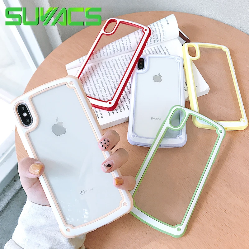 

SUYACS Transparent Glass Silicon Soft Frame Case For iPhone XS MAX XR X 6 6S 7 8 Plus Candy Colors Protector Phone Cases Capa