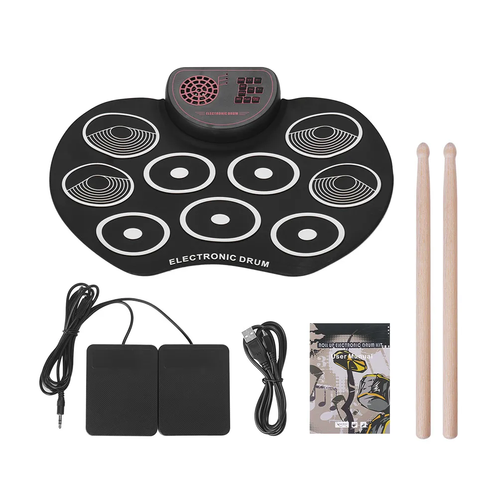 

Portable Electronic Drum Set USB Roll Up Drum Pad Kit Built-in Speaker Sticks and Foot Pedals Digital Percussion Instruments