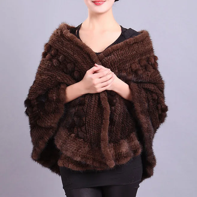 Ladies' Genuine Natural Knitted Mink Fur Shawls Handmade Winter Women