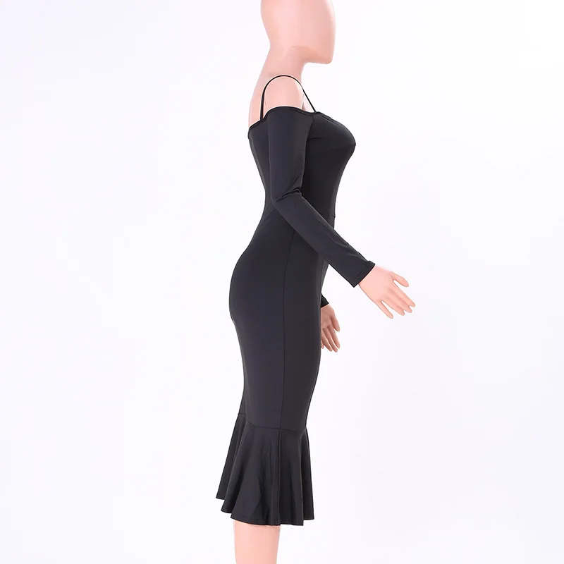 Kostlich Spaghetti Strap Long Sleeve Ruffles Mermaid Party Dresses Slash neck Bodycon Sexy Women Midi Dress 6 Colors Clothing (25)