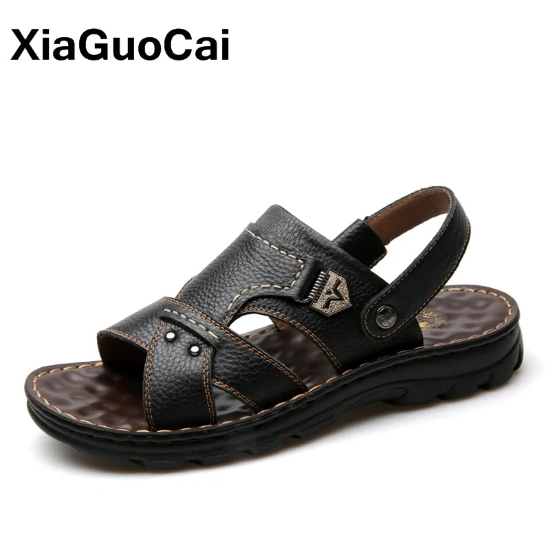 

Newest Summer Men Sandals Genuine Leather Message Slippers High Quality Breathable Flat Man Shoes Outdoor Beach Shoes Mules 2019