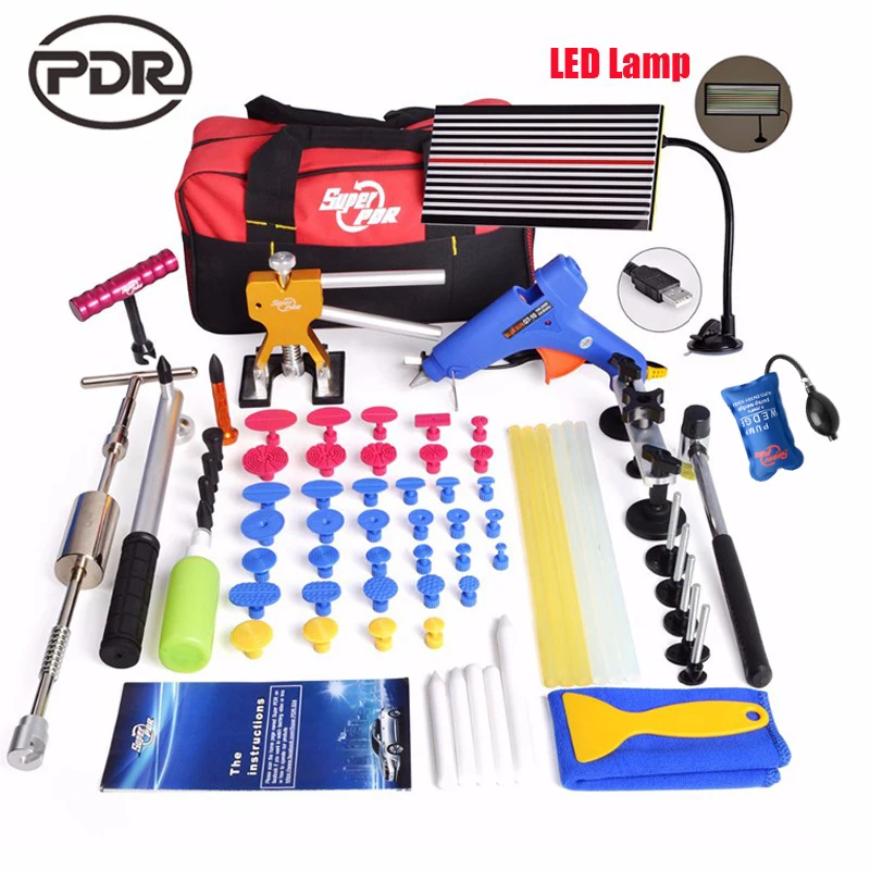 

Super PDR Kit Tools Car Dent Repair Tool Hot Melt Glue GunLED Lamp Reflector Board Pulling Bridge Rubber Hammer Dent Removal