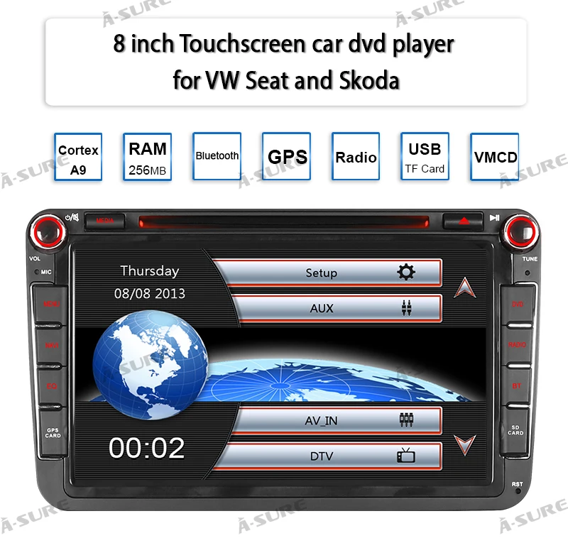 Excellent A-Sure 8 Inch Car Radio GPS DVD Player For Volkswagen VW Passat Skoda T5 Polo Sharan TOURAN TIGUAN GOLF 5 6 Seat SKODA 5