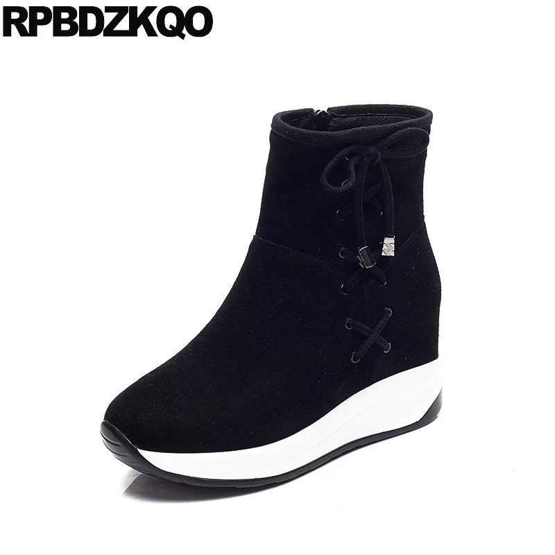 

Shoes Luxury Black Side Zip Boots Ankle Suede Fur Winter Booties Platform Round Toe Lace Up Hidden Ladies 2017 Female Fashion