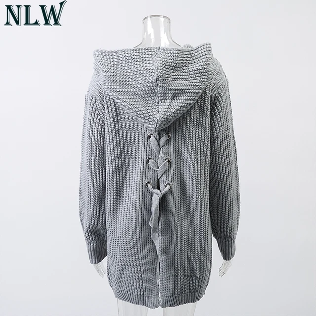 Disc NLW 2018 Autumn Winter Knitted Cardigan Sweater Women Streetwear Long Sleeve Pocket Hooded Jumper Fashion Lace up Split Cardigan