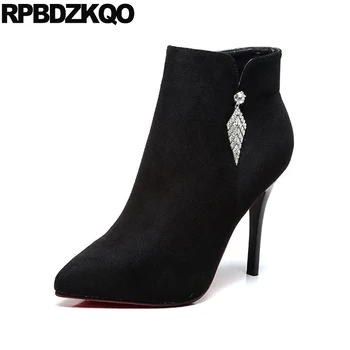 

Winter Zipper Fur Ladies Black Shoes Pointed Toe High Heel Fashion Booties Stiletto Pointy Side Zip Boots Ankle Metal Short
