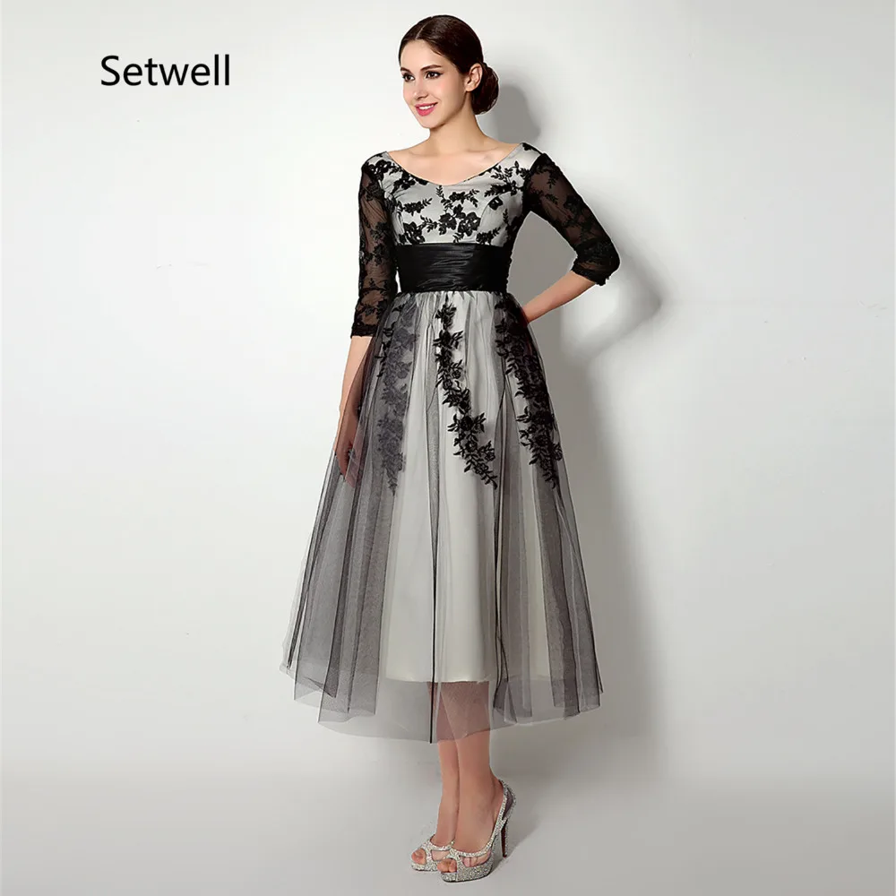three quarter sleeve mother of the bride dresses tea length