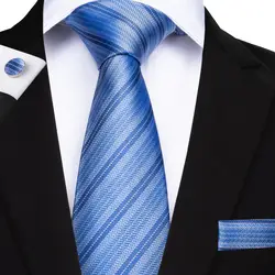 DiBanGu классический голубой галстуки в полоску для Для мужчин матч Ханки Запонки темно-жаккард 100% шелк Для мужчин мужские галстук MJ-7096