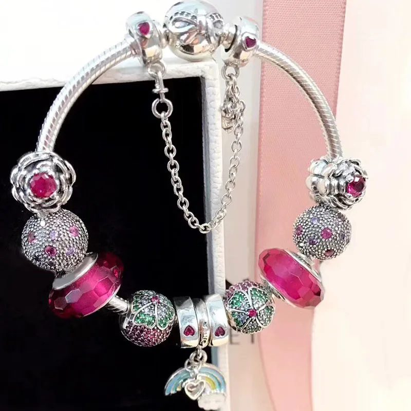 

Fashion Sweet Flower And Rainbow Pendant Charm Colorful European Style DIY Charm 925 Sterling Silver Charm Bracelet