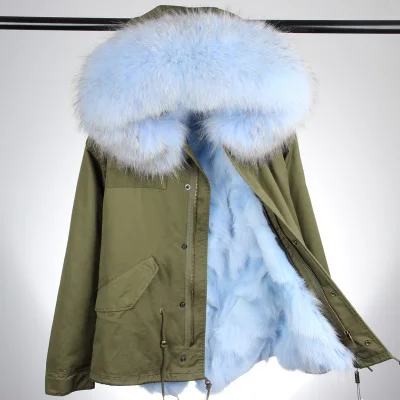 Зимняя женская куртка, армейская зеленая парка, пальто, настоящий большой воротник из меха енота, подкладка из лисьего меха, верхняя одежда с капюшоном, DHL EMS - Цвет: Green skyblue foxfur