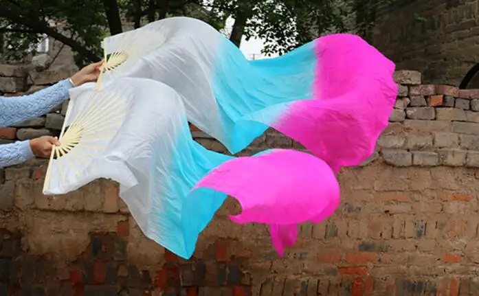 Одна пара(L+ R) танцевальный веер живота вуаль шелк Бамбук Длинные вентиляторы белый старт мятный цвет градиент для детей женщин - Цвет: as picture