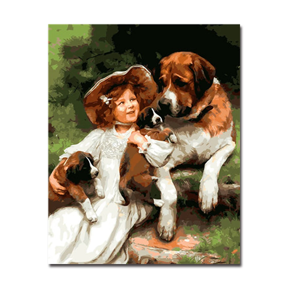 

Hand Paint DIY Little Girl And Dogs Oil Painting By Numbers Kits Coloring Canvas Pictures For Child Unque Gifts Home Decor Frame
