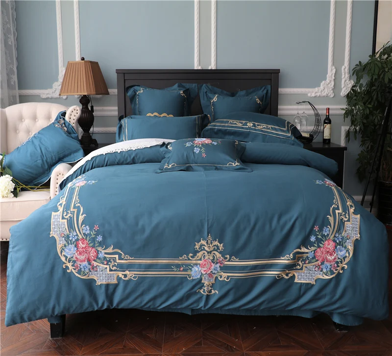 

Luxury Egypt Cotton Sanding Blue Classics Bedding Set Embroidery Warm Duvet Cover Bed Sheet Pillowcase Queen King Size 4/6/7Pcs