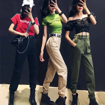

Streetwear Cargo Pants Women 2019 Casual Joggers Girl Black High Waist Loose Female Trousers Korean Style Ladies Pants Capri