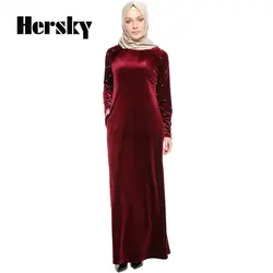 Модные бархатные Абаи мусульманское длинное платье Для женщин исламский хиджаб Костюмы Турецкая Бисер Свободная одежда халат мусульмане