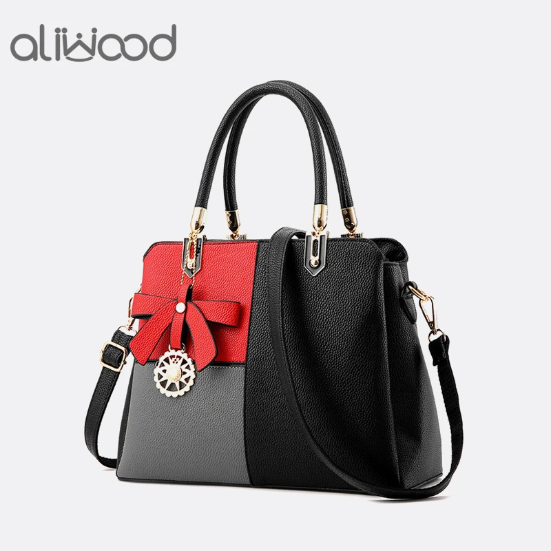 

Aliwood Leather Patchwork Women's handbags Europe New Bow tie Tote Stitching Ladies Shoulder Bag Panelled Females Crossbody Bags
