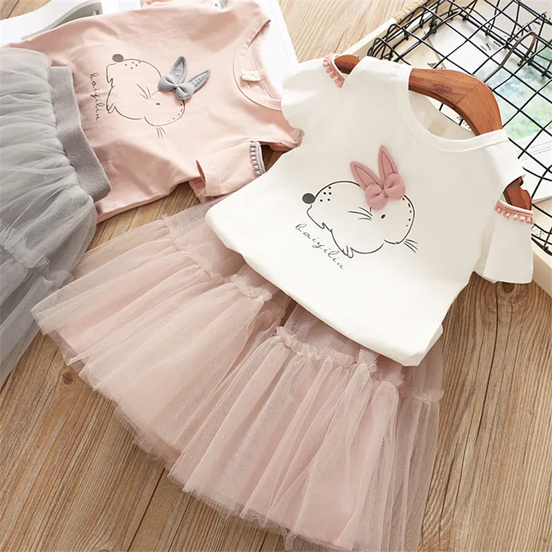 

3-8 Years Girls Easter Dress Summer 2019 Brand Kids Clothes White Cartoon Cute Bunny Set 2Pcs Long Sleeve T-Shirt+Veil Dress
