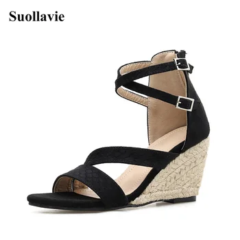 

Gladiator Wedges Cross-tied Sandals 2019 Summer Flock Open Toe Zip Comfort Casual Women Ladies Party Shoes Black Size 4-9