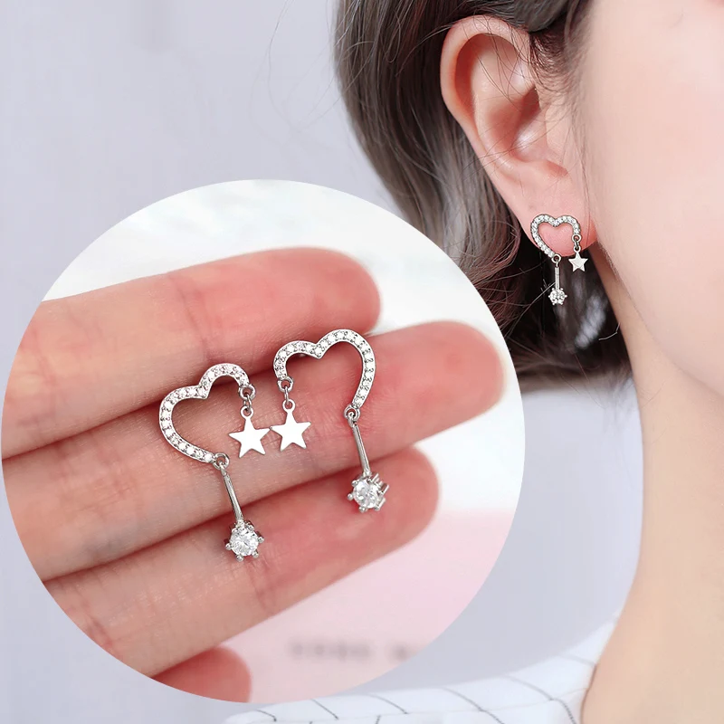 Корейский модный серебристый цвет CZ Циркон Сердце серьги для женщин модные серьги с хрустальными звездочками ювелирные изделия аксессуары