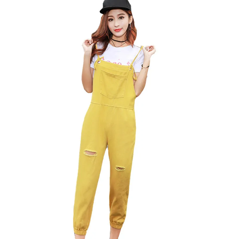 

019 New Spring Women Preppy Style Casual Jeans Overalls Ripped Holes Jeans Sleeveless Denim Jumpsuits Solid Color Rompers