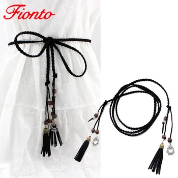 

Women's Ethnic Style Tassel Decorative Thin Waist Belts 2019 Fashion Knotted Rope Leather Long Belt Female Waist Chain AN1145