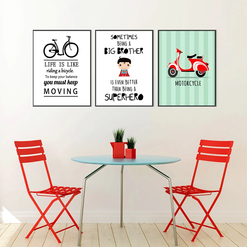 HAOCHU-Baby-Shower-Gifts-Cute-Cartoon-Bicycle-Motorcycle-Motivational-Quotes-Canvas-Painting-Green-Poster-Pictures-For