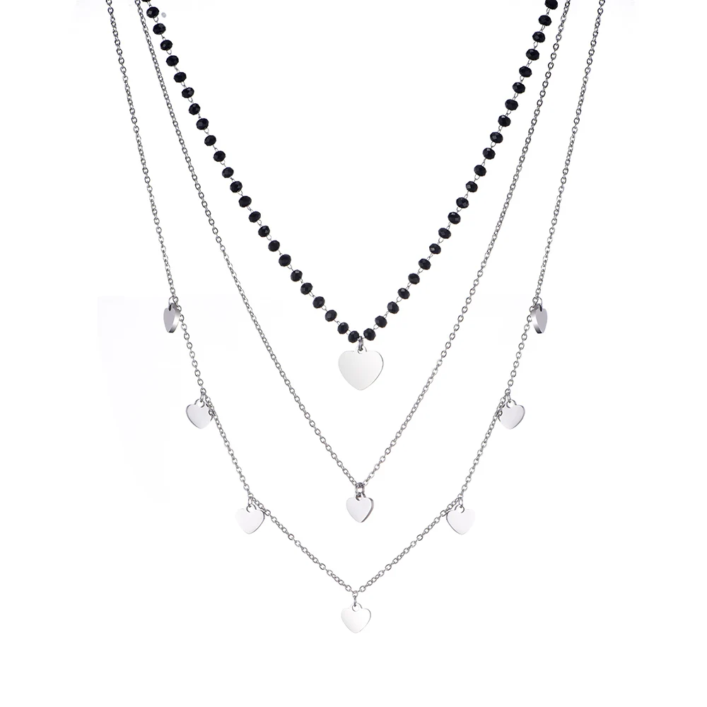 

Stainless Steel Layered Necklaces for Women Black Crystal Beads with Heart Pendant Chokers Jewelry 2019 Trendy Female Party Gift