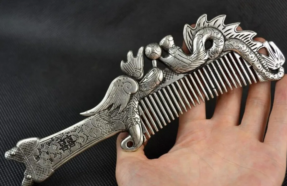 

Free shipping wholesale jade pendants and antique Collectibles Old Decorated Handwork Miao Silver Carving Dragon Phoenix Comb