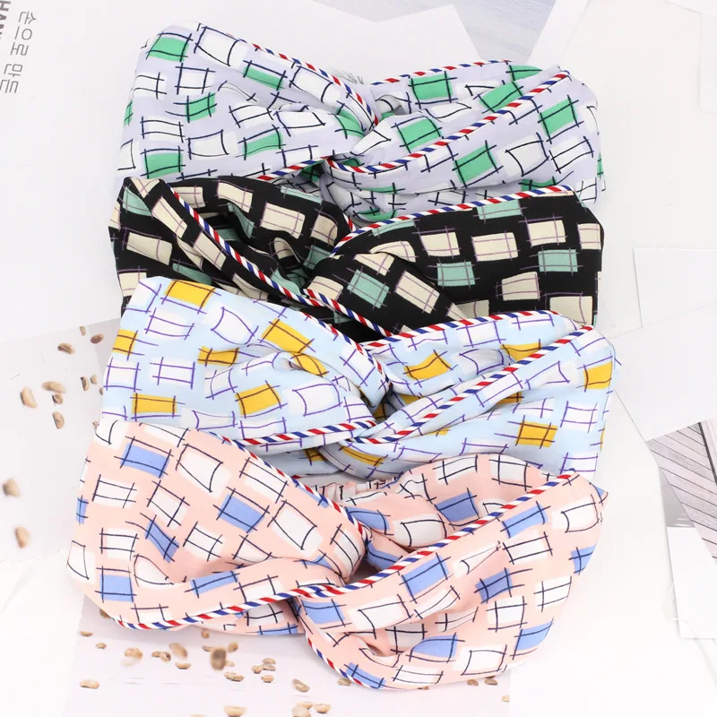 ON SALE 1PCS Ladies Knotted Head Wrap Plaid Cross Turbans Wide Headbands for Women Equestrian Sports Hair Accessories