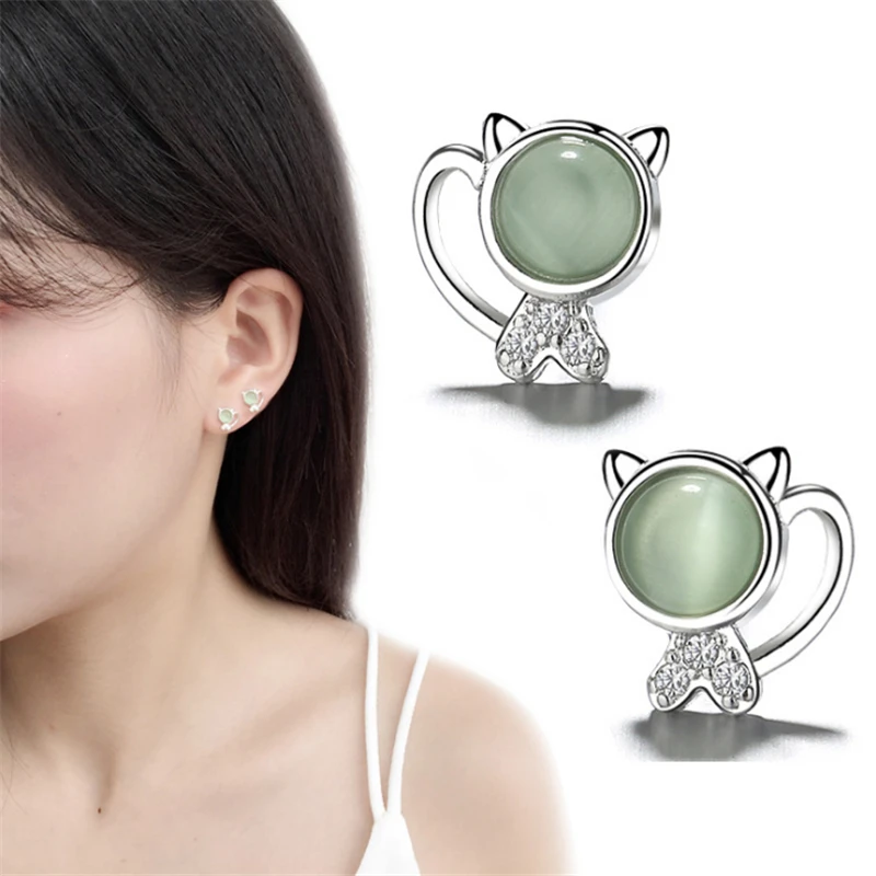 

Cute&Romantic Animal Kitty Cat Moon Stone Brincos Stud Earrings For Women 925 Sterling Silver Green Stone Fashion Jewelry SE758