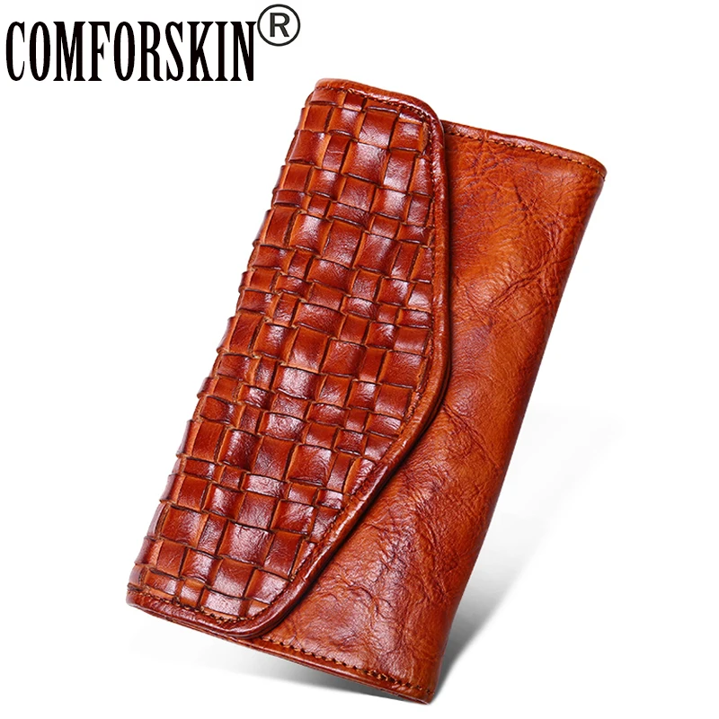 

COMFORSKIN Brand Envelope Style Long Men Wallets 100% Premium Cowhide Leather Fashion Knitting Patchwork Men Clutch Purses 2018