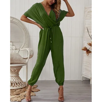 

Summer Deep V Elastic Waist Women Long Jumpsuit Loose Solid Long Rompers Casual Fashion Playsuits Bodysuit Office Ladies Overall