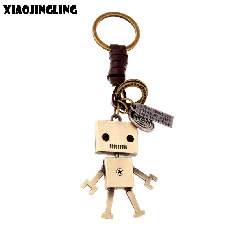 

XIAOJINGLING Handmade Woven Leather Keychain Active Metal Robot Creative Punk Key Ring Wholesale Backpack Car Pendant Jewelry