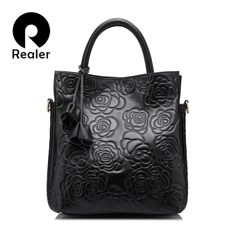 REALER crossbody genuine leather woman handbag leather black tote bag high quality floral ...