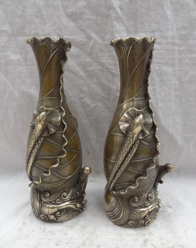 

song voge gem S5041 9" Chinese Bronze Copper Collect Lotus Wealth Fish Statue Flower Pot Vase Pair