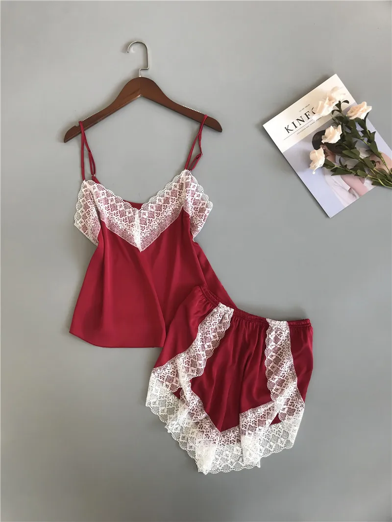 Pajamas Set For Women Silk Satin Pyjamas Summer V-neck Sleeveless Nightie Sleepwear Sexy Lingerie Pijama Femme Top Shorts   5
